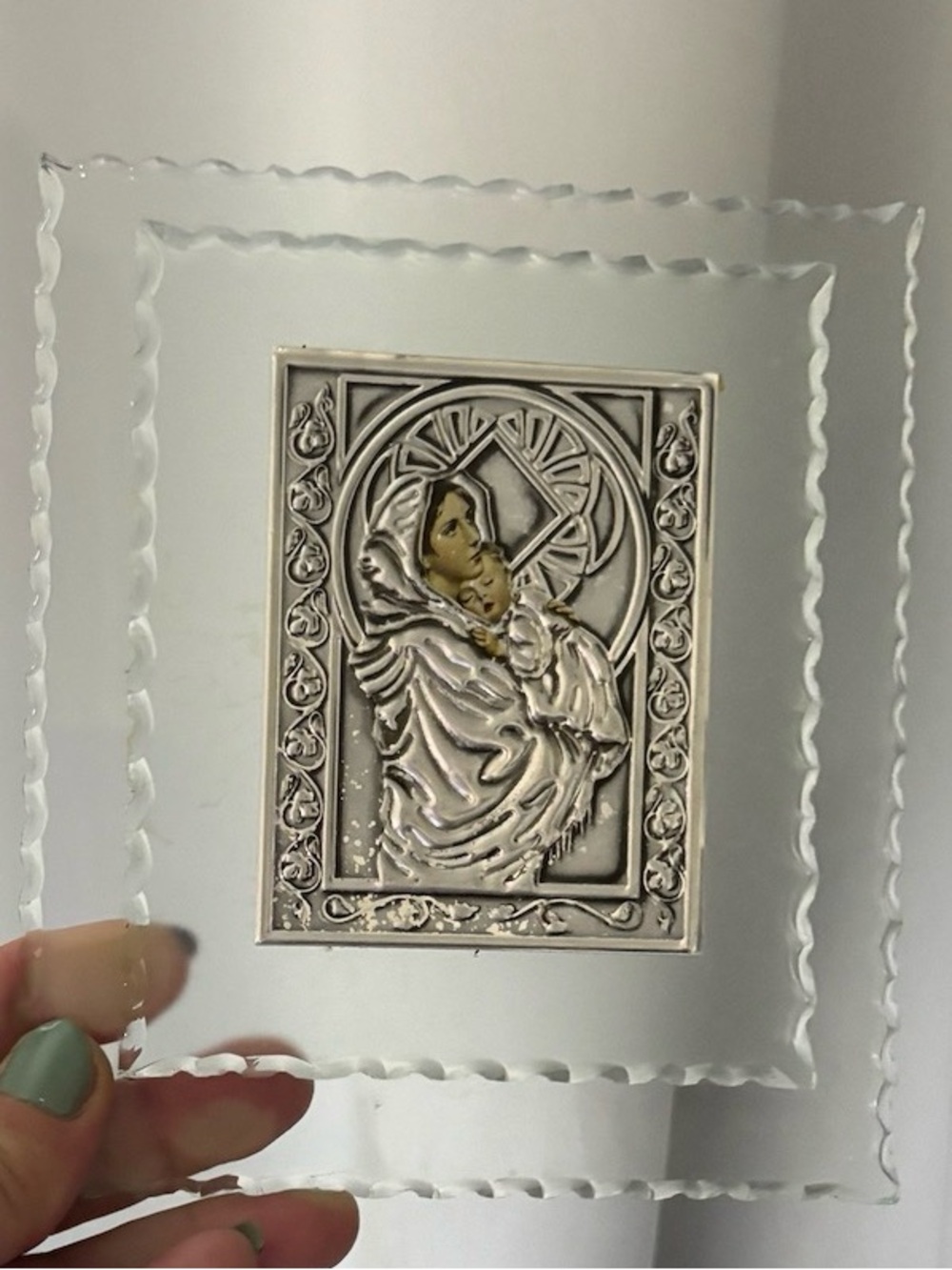 Religious Silver-Tone Madonna & Child Glass Plaque